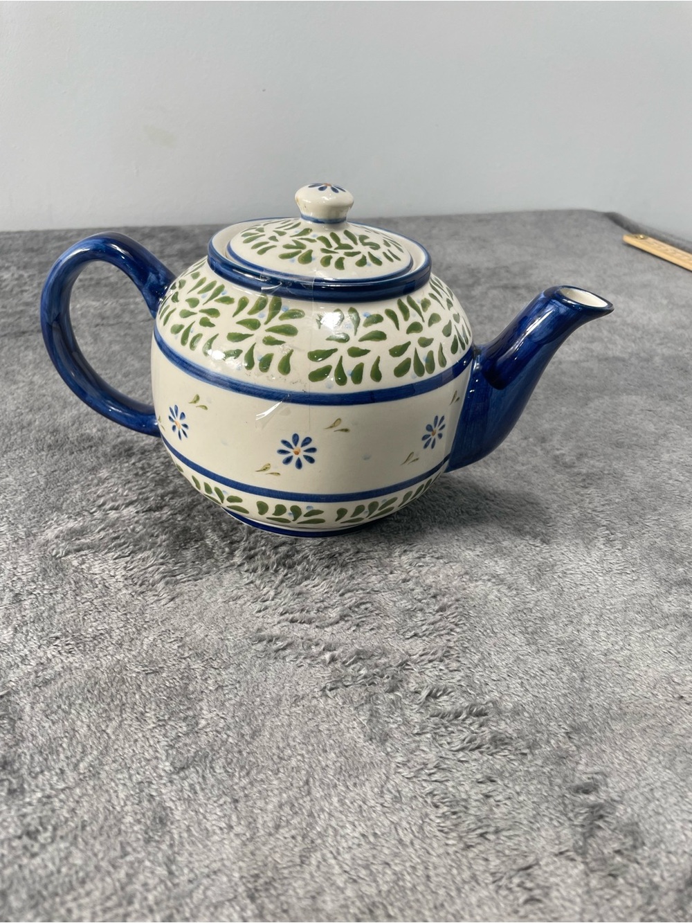 Nantucket Hand-Painted Ceramic Teapot in Blue, Cream and Green accents